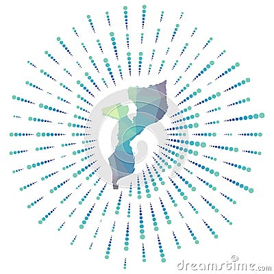 Shape of Mozambique, polygonal sunburst. Vector Illustration