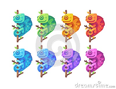 Set of colorful chameleons sitting on branches Vector Illustration