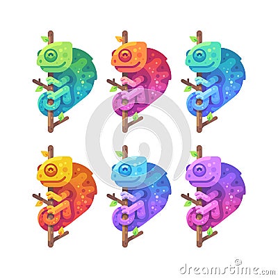 Set of colorful gradient chameleons on tree branch Vector Illustration