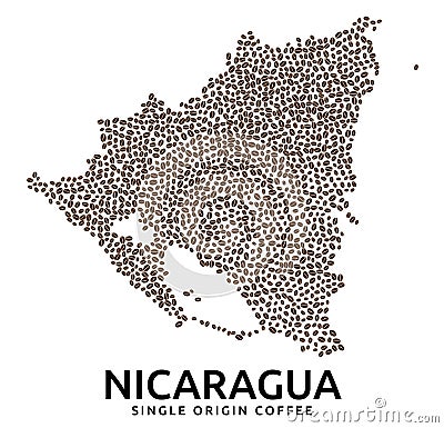 Shape of Nicaragua map made of scattered coffee beans, country name below Vector Illustration