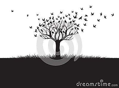 Shape of Tree, wind and black birds. Vector outline Illustration. Plant in Garden Vector Illustration
