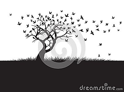 Shape of Tree, wind and black birds. Vector outline Illustration. Plant in Garden Vector Illustration