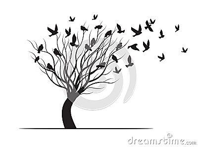 Shape of Tree, wind and black birds. Vector outline Illustration. Plant in Garden Vector Illustration