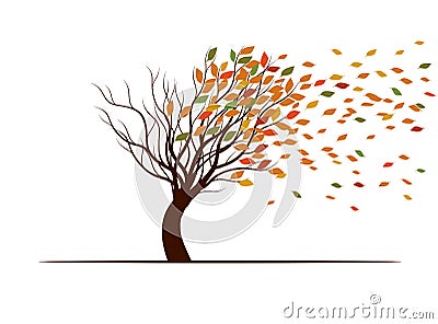 Shape of Tree, wind and falling autumn leaves. Vector outline Illustration. Plant in Garden Vector Illustration