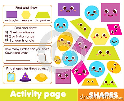 Shapes activity page for kids. Educational children game list for learning geometric forms Vector Illustration