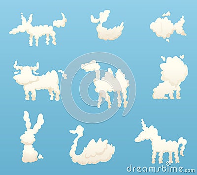 Shapes of animal clouds. Different funny cartoon clouds Vector Illustration