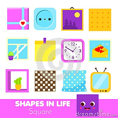 Shapes in life. Square. Learning cards for kids. Educational infographic for children and toddlers. Study geometric shapes Vector Illustration