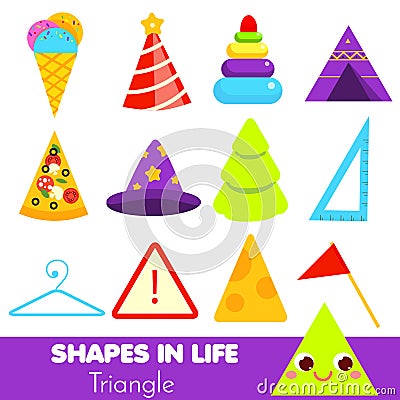 Shapes in life. Triangle. Learning cards for kids. Educational infographic for children and toddlers. Study geometric shapes Vector Illustration