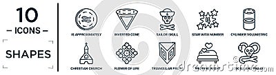 shapes linear icon set. includes thin line is approximately equal to, sailor skull, cylinder volumetric, flower of life, wedding Vector Illustration