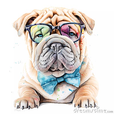 Puppy Love at Its Finest: A Shar Pei Pup in a Pastel Headband Bandana, Captured in Watercolor for Your Viewing Pleasure AI Stock Photo