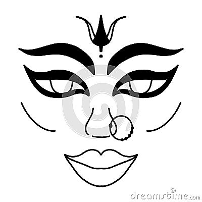 Sharad Navaratri. Dvine feminine goddess Devi Durga portrait. Indian woman face in black outline isolated on white background. Vector Illustration