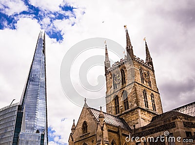 The Shard and Southwark Cathedral in London Editorial Stock Photo