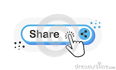 Share blue 3D button with hand pointer clicking. White background. Vector Vector Illustration