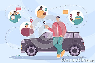 Share car, man holding auto key of vehicle, community of people using carsharing app Vector Illustration