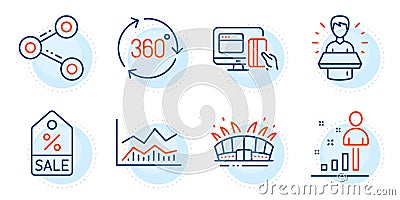 Share, 360 degree and Arena stadium icons set. Sale coupon, Online payment and Brand ambassador signs. Vector Vector Illustration
