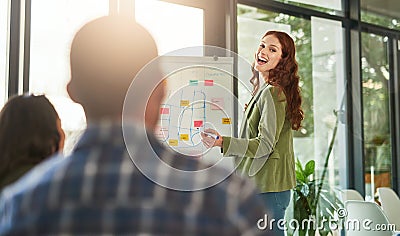 They share a great sense of teamwork. a businesswoman giving a presentation to her coworkers in a modern office. Stock Photo