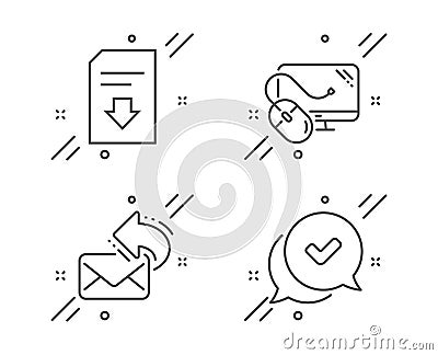 Share mail, Computer mouse and Download file icons set. Approved sign. New e-mail, Pc component, Load document. Vector Vector Illustration