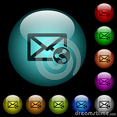 Share mail icons in color illuminated glass buttons Stock Photo