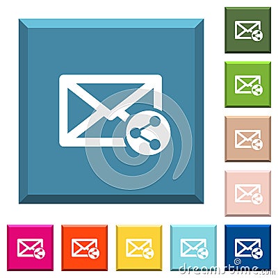 Share mail white icons on edged square buttons Stock Photo