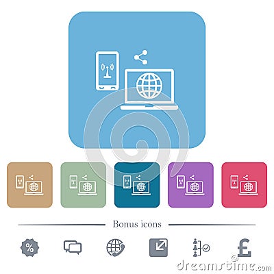 Share mobile internet flat icons on color rounded square backgrounds Stock Photo