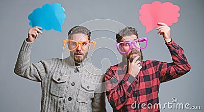 Share opinion speech bubble copy space. Comic and humor sense. Men with beard and mustache mature hipster wear funny Stock Photo