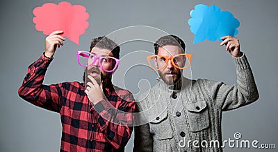 Share opinion speech bubble copy space. Comic and humor sense. Men with beard and mustache mature hipster wear funny Stock Photo