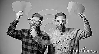 Share opinion speech bubble copy space. Comic and humor sense. Men with beard and mustache mature hipster wear funny Stock Photo