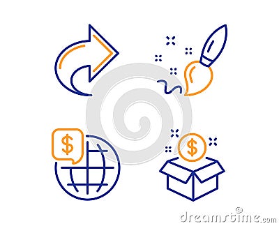 Share, Paint brush and World money icons set. Post package sign. Link, Creativity, Global markets. Postbox. Vector Vector Illustration
