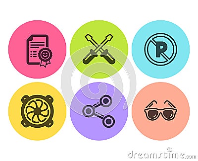 Share, Screwdriverl and No parking icons set. Smile, Computer fan and Sunglasses signs. Vector Vector Illustration