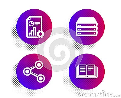 Share, Servers and Report icons set. Education sign. Follow network, Big data, Presentation document. Vector Vector Illustration