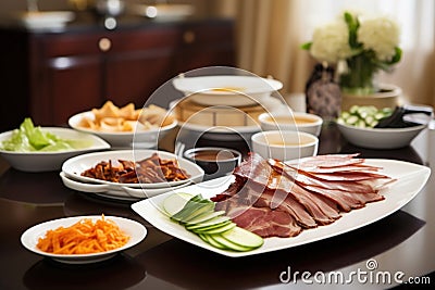 shared meal of peking duck at a party Stock Photo