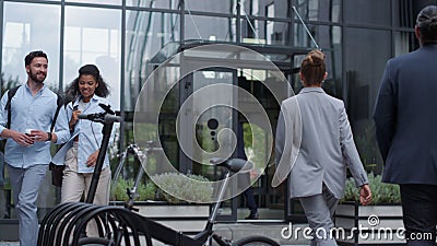 Shared parking with electric scooter bicycle at modern business office center. Stock Photo