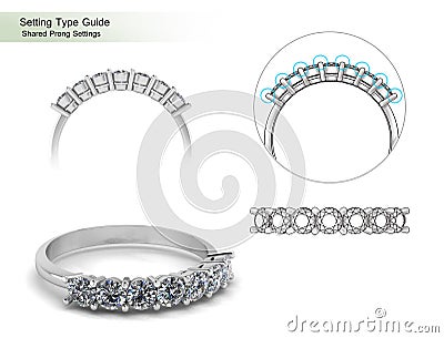 Shared Prong diamond settings isolated on white background,Setting type guide-3D image Stock Photo