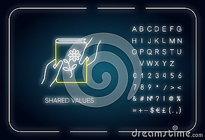 Shared values neon light icon. Outer glowing effect. Sign with alphabet, numbers and symbols. Common interests, friendly Vector Illustration