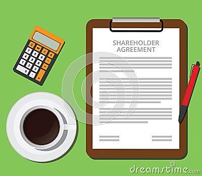 Shareholder agreement clipboard with document cup of coffee and calculator Cartoon Illustration