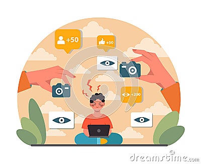 Sharent. Upset child finds his personal data and details in the internet. Vector Illustration