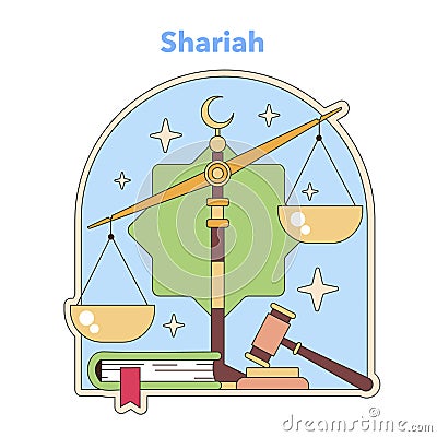 Shariah law concept with scales of justice under a crescent moon. Flat vector illustration Vector Illustration