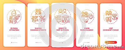 Sharing common interests onboarding mobile app page screen with concepts. Vector Illustration
