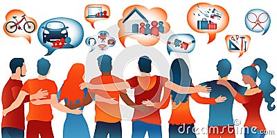 Sharing economy concept.Group people who share goods and services or rent and sell.Speech bubble containing icons such as co worki Stock Photo