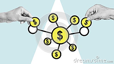 Sharing economy. Crowd funding and Start up business grants are shown by collage with hands with coins Stock Photo