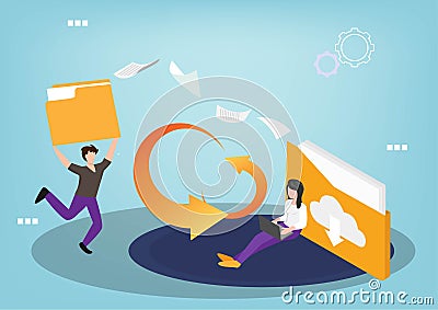 Sharing file, file transferred encrypted form, transfer of documentation, migration concept, Flat style cartoon illustration Vector Illustration