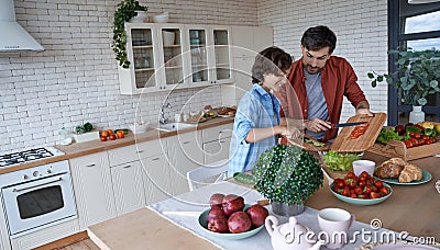 Sharing skills. Young dad and his little happy son cutting preparing a vegetarian salad together in the modern kitchen Stock Photo