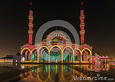 Sharjah Light Festival and Laser Show at Sharjah Mosque in Sharjah University City, Sharjah, United Arab Emirates Stock Photo