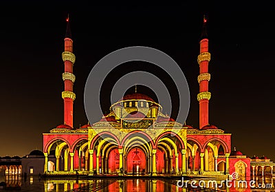 Sharjah Light Festival and Laser Show at Sharjah Mosque in Sharjah University City, Sharjah, United Arab Emirates Stock Photo