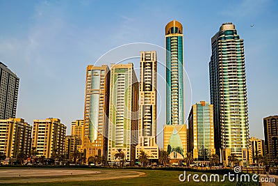 Sharjah. In the summer of 2016. The cultural capital of the UAE, a modern urban metropolis at the dawn of day. Editorial Stock Photo