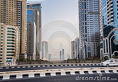 Sharjah. Summer 2016. Modern skyscrapers in urban city style Editorial Stock Photo