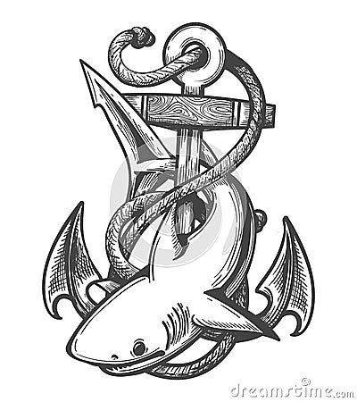 Shark and Anchor Tattoo Emblem Vector Illustration