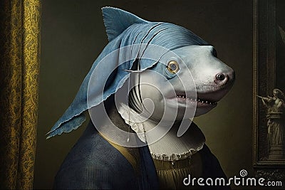 Shark Animal with a Pearl Earring in Johannes Vermeer style illustration generative ai Cartoon Illustration