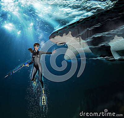 Shark Attack Female Scuba Diver Stock Photo
