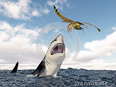 Shark attacks the pterosaur Peteinosaurus Cartoon Illustration